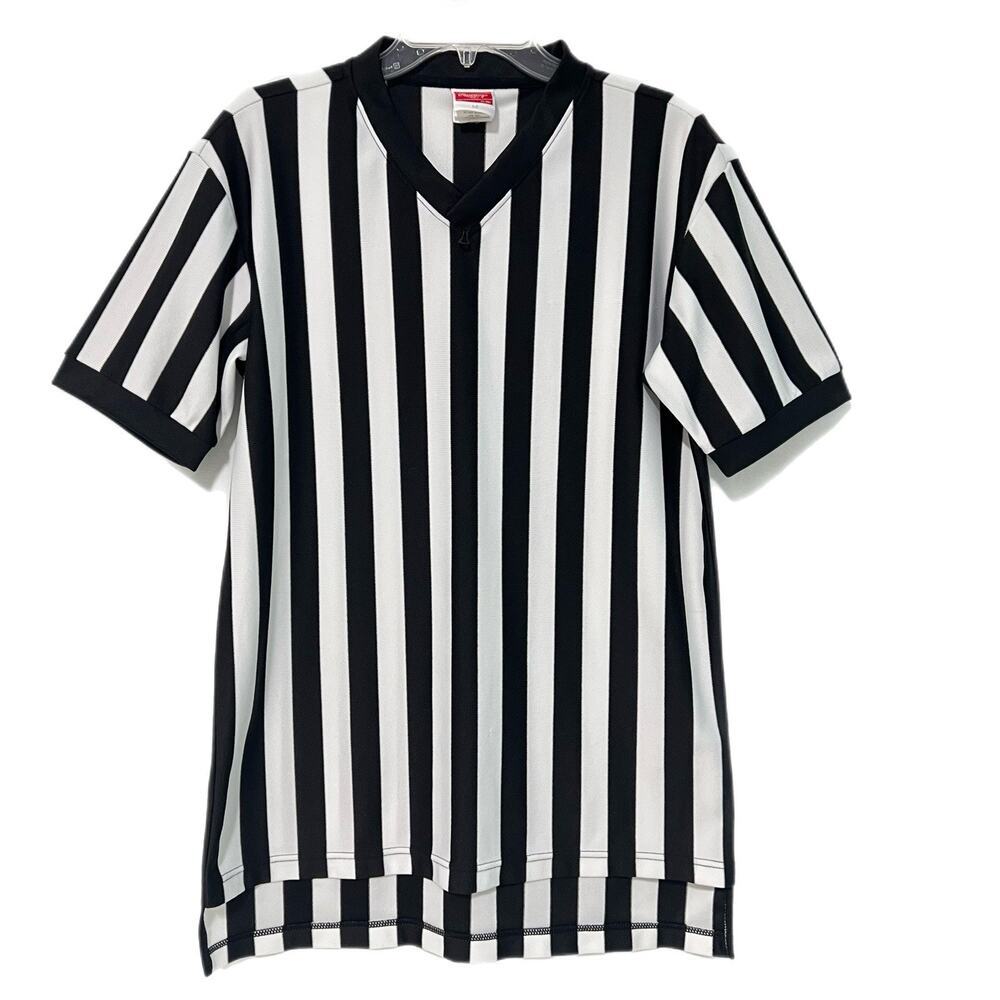 Rawlings Mens Referee Jersey Medium Black White Stripe V-Neck Official Shirt